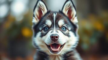 Happy husky puppy poses for the camera in a vibrant outdoor setting during golden hour photo