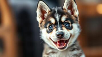 Happy playful puppy with bright blue eyes and distinctive fur pattern enjoys a moment indoors during the afternoon photo
