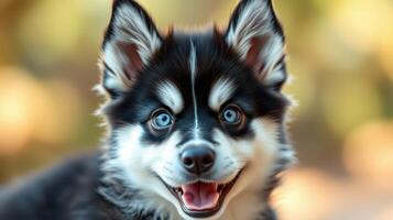 Happy and playful husky puppy with bright blue eyes enjoys a sunny day outdoors photo