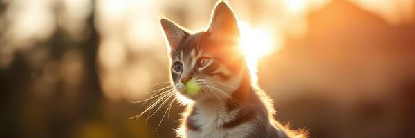 Cat enjoying a sunny sunset moment outdoors with a playful expression and a glowing backdrop photo