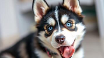 Happy Siberian husky puppy with striking blue eyes lounging indoors in a cozy setting photo
