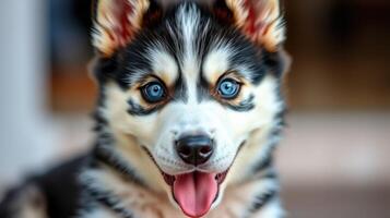 Cute black and white puppy with bright blue eyes enjoys a playful moment indoors photo