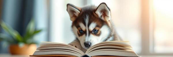 Curious puppy reading a book indoors beside a plant during bright afternoon light photo