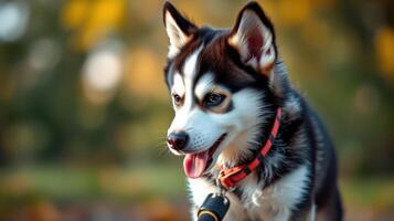 Happy husky puppy enjoys a sunny day in the park while being walked by its owner photo