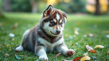 Playful husky puppy enjoying a sunny afternoon in a vibrant green park with scattered autumn leaves photo