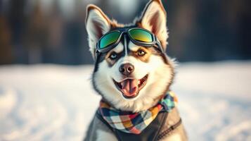 Happy dog wearing sunglasses and a scarf enjoys a sunny day in the snowy mountains photo