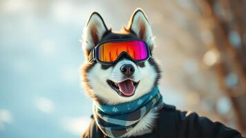 Siberian Husky wearing stylish goggles and scarf enjoys a sunny winter day in the snow photo