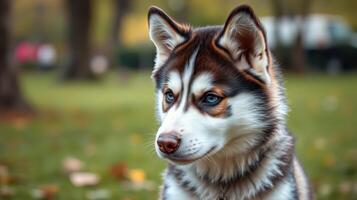 Siberian husky in a park during autumn season with fallen leaves and colorful trees in the background photo
