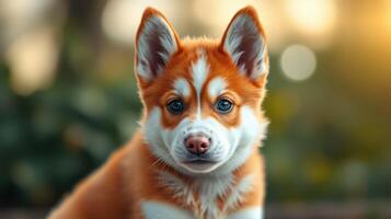 Adorable corgi puppy with striking blue eyes posing outdoors during golden hour photo