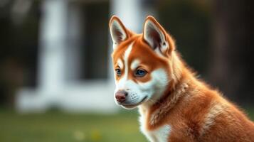 Playful husky puppy enjoying a sunny afternoon in a lush green backyard with soft lighting and detailed fur photo