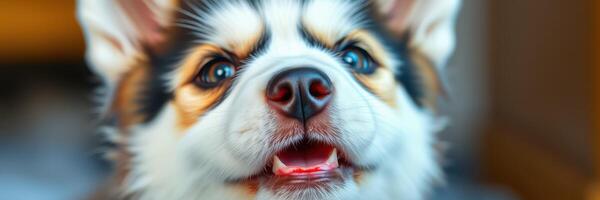 Happy dog with bright eyes enjoys a moment indoors, showcasing joyful expression and playful demeanor during afternoon light photo