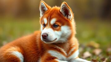 Playful husky puppy lounges in a grassy meadow during a sunny afternoon in early autumn, showcasing its vibrant orange and white fur photo