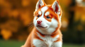 Cute and playful red and white husky puppy enjoying a sunny day in a park filled with colorful autumn leaves photo