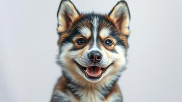 Cheerful dog portrait showcasing a cute breed with lively expression and bright features indoors photo
