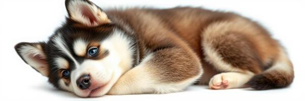 Adorable husky puppy resting peacefully on a soft surface indoors photo