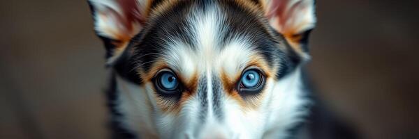 Beautiful husky puppy with striking blue eyes engaging with the camera indoors photo
