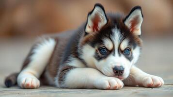 Cute husky puppy resting on wooden surface with vivid blue eyes and distinctive fur patterns in natural light photo