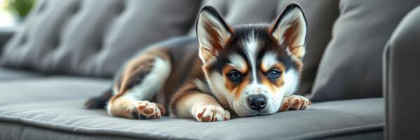 Adorable corgi puppy relaxing on a cozy couch in a bright living room during the day photo