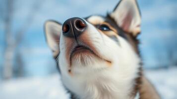 Cute puppy explores snowy landscape during a bright winter day with a curious expression photo