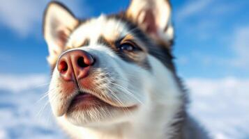 Siberian husky standing outdoors against a clear blue sky in a snowy landscape during daytime photo