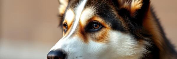 Beautiful husky dog with striking fur and expressive eyes resting calmly against a blurred background in bright daylight photo
