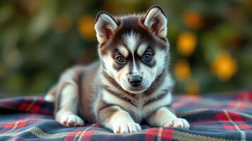Cute husky puppy lying on a blanket surrounded by colorful flowers in a garden on a sunny day photo