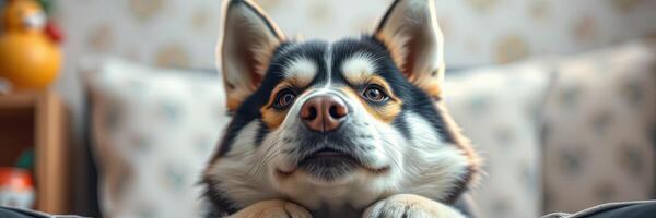 Dog with curious expression gazes intently from a cozy living room adorned with soft furnishings photo
