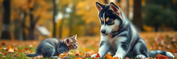 Playful kitten approaches a curious husky puppy in a colorful autumn park surrounded by fallen leaves and trees photo