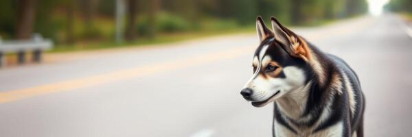 Dog walking along a quiet road surrounded by greenery on a clear sunny day photo