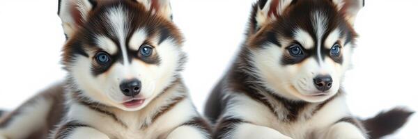 Cute husky puppies resting together indoors showcasing their playful nature and distinct fur patterns in bright lighting photo