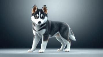 Cute husky puppy standing in a well-lit studio, showcasing its playful and energetic demeanor and beautiful coat patterns photo
