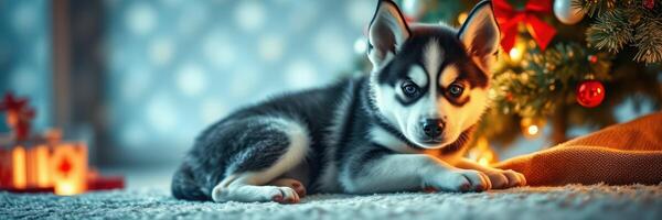 Adorable husky puppy relaxing by a beautifully decorated Christmas tree with soft glowing lights photo