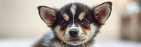 Cute puppy with striking blue eyes and unique fur pattern enjoying playful moments indoors photo