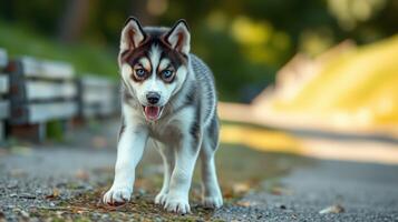 Husky puppy plays in a sunny park, showcasing its lively personality and captivating blue eyes photo