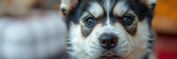 Cute black and white puppy with striking eyes sitting indoors at home during daylight hours photo