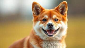 Happy corgi enjoying a sunny day outdoors with a bright smile in a grassy field photo
