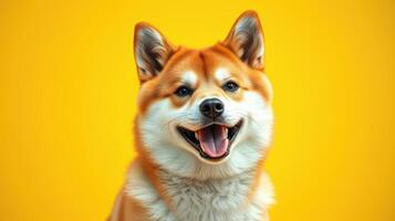 Happy and cheerful dog sitting against a bright yellow background with a joyful expression photo