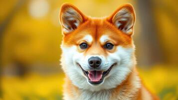 Happy dog enjoys a sunny day in a vibrant outdoor setting with autumn colors in the background photo