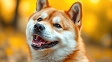 Happy Akita dog displayed with a vibrant autumn background showcasing playful expression and warm colors photo