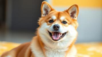 Happy corgi relaxing indoors with a joyful expression on a sunny afternoon photo