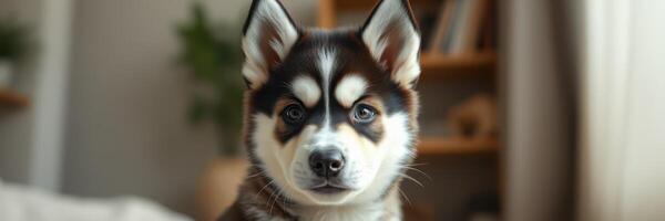 Playful husky puppy sitting indoors in a cozy setting with soft lighting and wooden shelves in the background photo