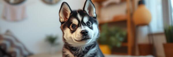 Cute husky puppy looks curious in cozy indoor setting with soft lighting photo