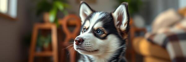 Cute husky puppy sitting indoors with warm light in a cozy home setting photo