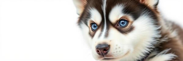 Husky puppy with striking blue eyes looking curiously at the camera in a bright, minimal background photo