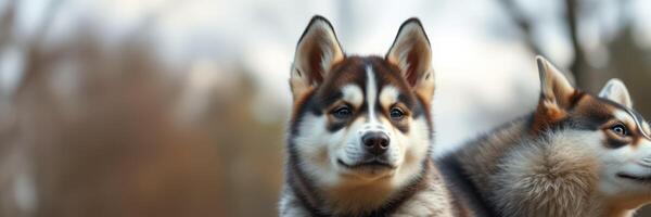 Pair of huskies enjoying the cool breeze in a forest during late afternoon photo