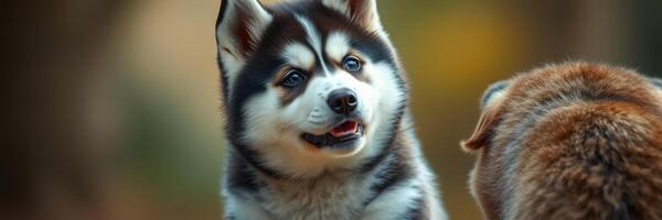 Friendly husky interacts with another dog in a park during a sunny afternoon photo