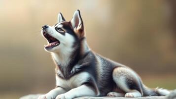 Energetic husky howling against a soft blurred background in a calm outdoor setting during sunset photo