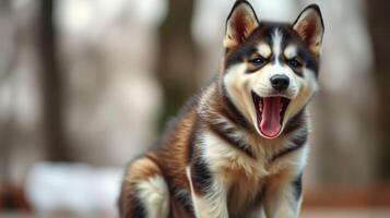 Happy husky puppy yawning with a playful expression in a serene natural setting photo