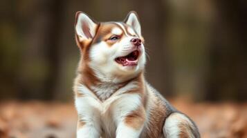 Cute puppy playing outdoors in a forest setting during autumn with colorful leaves scattered around photo