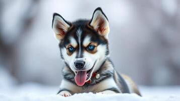Playful husky puppy enjoying winter snow at a serene outdoor setting in a quiet forest area photo